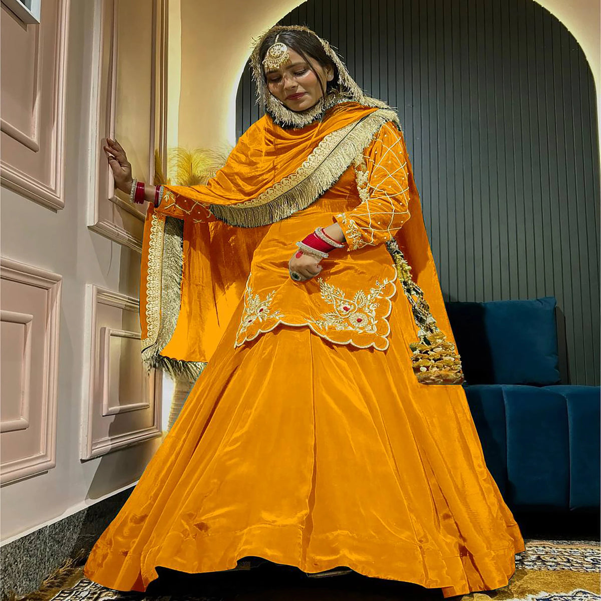 Traditional Pattern Ethnic Indian Pakistani Yellow Kurti Lehenga Dupatta Set Heavy Silk Embroidery Full Stitching MegaBDM