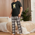 Fashion Trends Men Pajama Set Breathable Soft Pijamas for Men Cute Print Short Sleeve and Plaid Long Pants Set