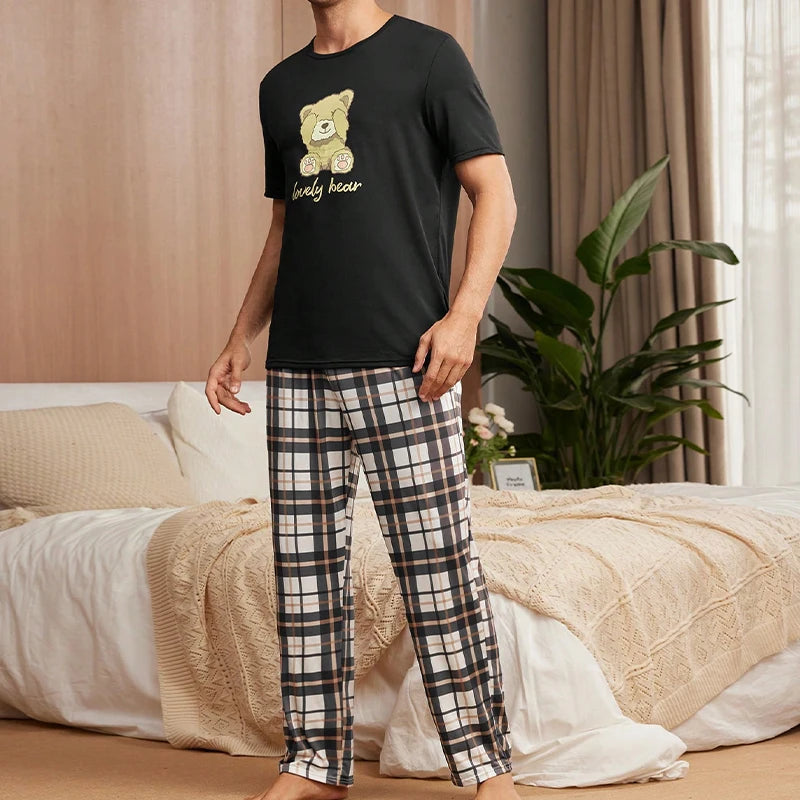 Fashion Trends Men Pajama Set Breathable Soft Pijamas for Men Cute Print Short Sleeve and Plaid Long Pants Set