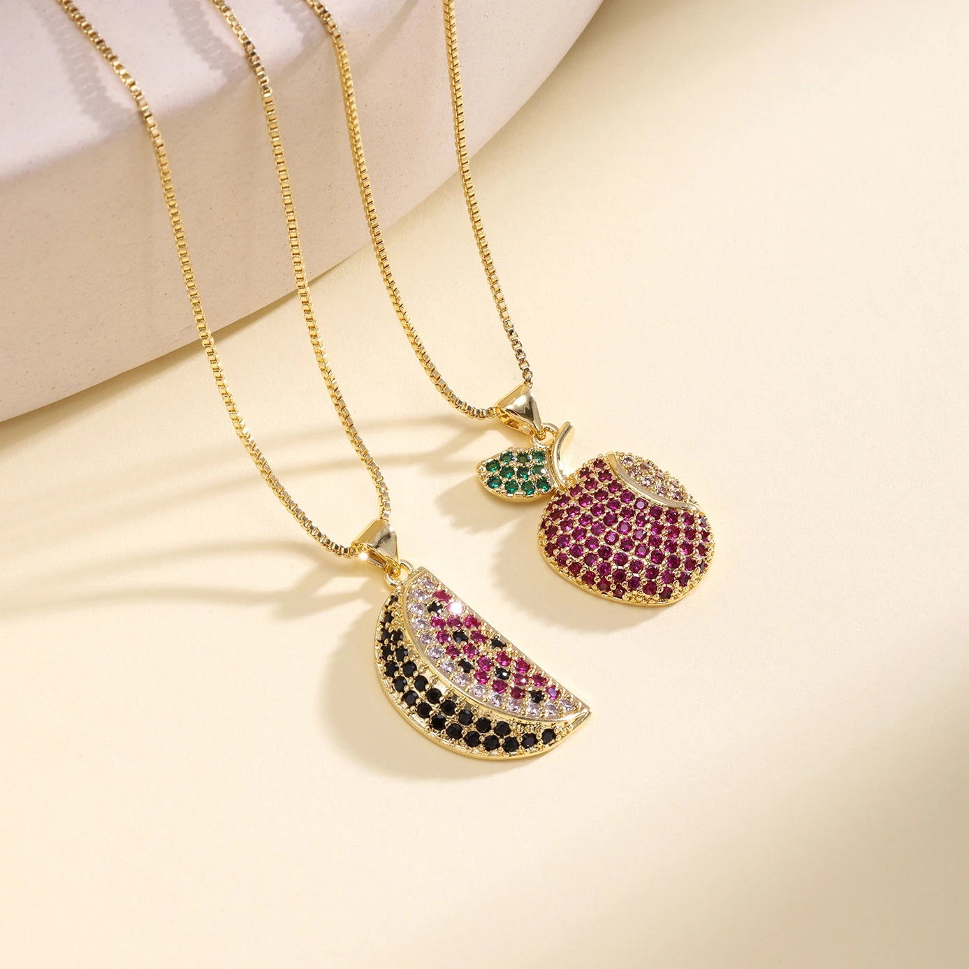 QIKU Fruit/Pizza Pendant Necklace Copper Zircon Food Jewelry Trendy CZ Gold Plated Chain Unique Design Gift for Friend