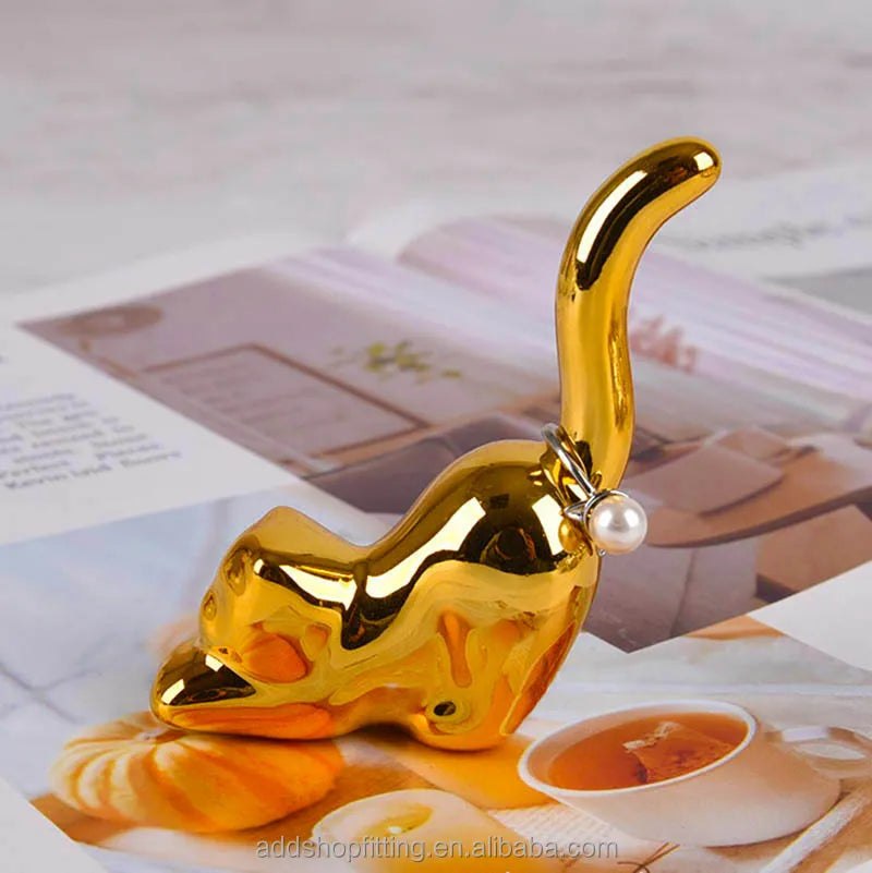 Gold/Silver Animal Pose Cat Ceramic Earring Ring Holder with Simple Modern Design for Home Decor Jewelry Display