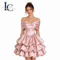 Luxury Blush Pink Womens Satin Tea-Length One-Shoulder Bow Corset Tiered Ruffle Skirt Summer Natural Waist for Prom Party MegaBDM