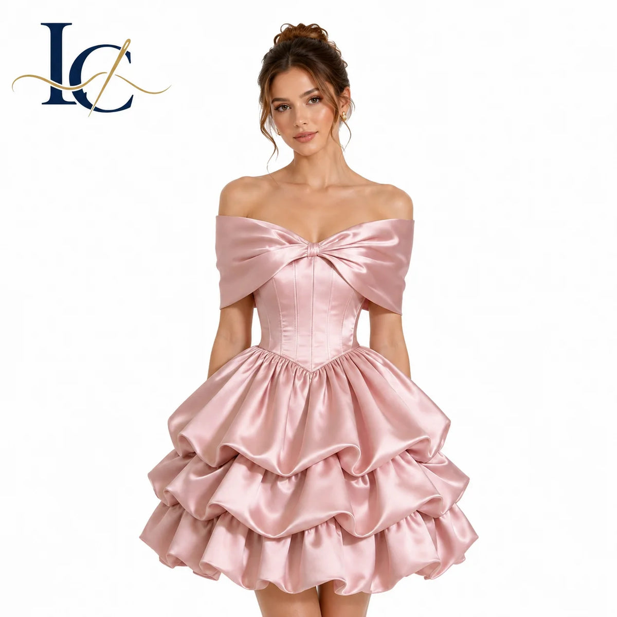 Luxury Blush Pink Womens Satin Tea-Length One-Shoulder Bow Corset Tiered Ruffle Skirt Summer Natural Waist for Prom Party MegaBDM