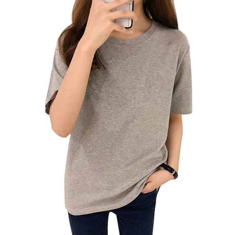 Pure Cotton Women's Vintage Casual T-Shirt with Lace & Button Natural Waist Custom Pattern O-Neck Jersey 50 Colors Stock