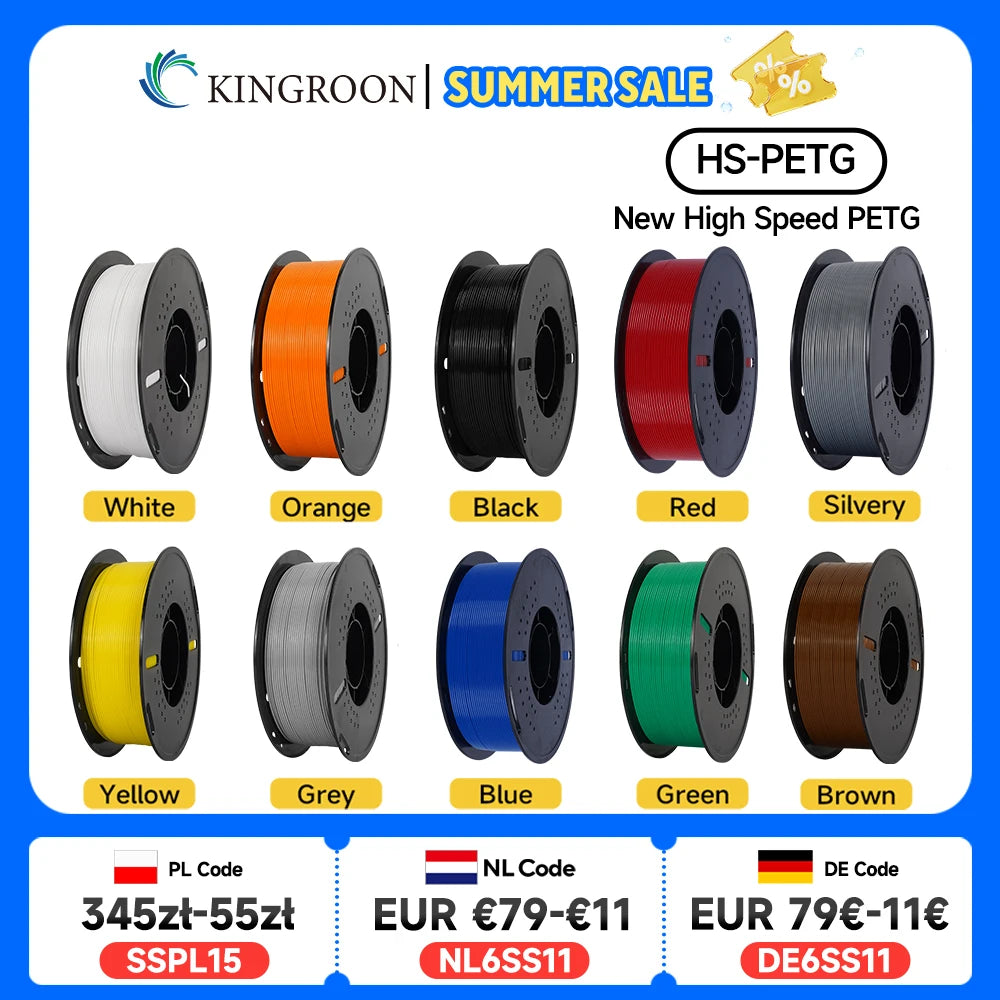 KINGROON Newest HS-PETG 3D Printer Filament 1.75mm High Speed 3D Printinng Material Hyper PETG 5KG 10KG Mix Color