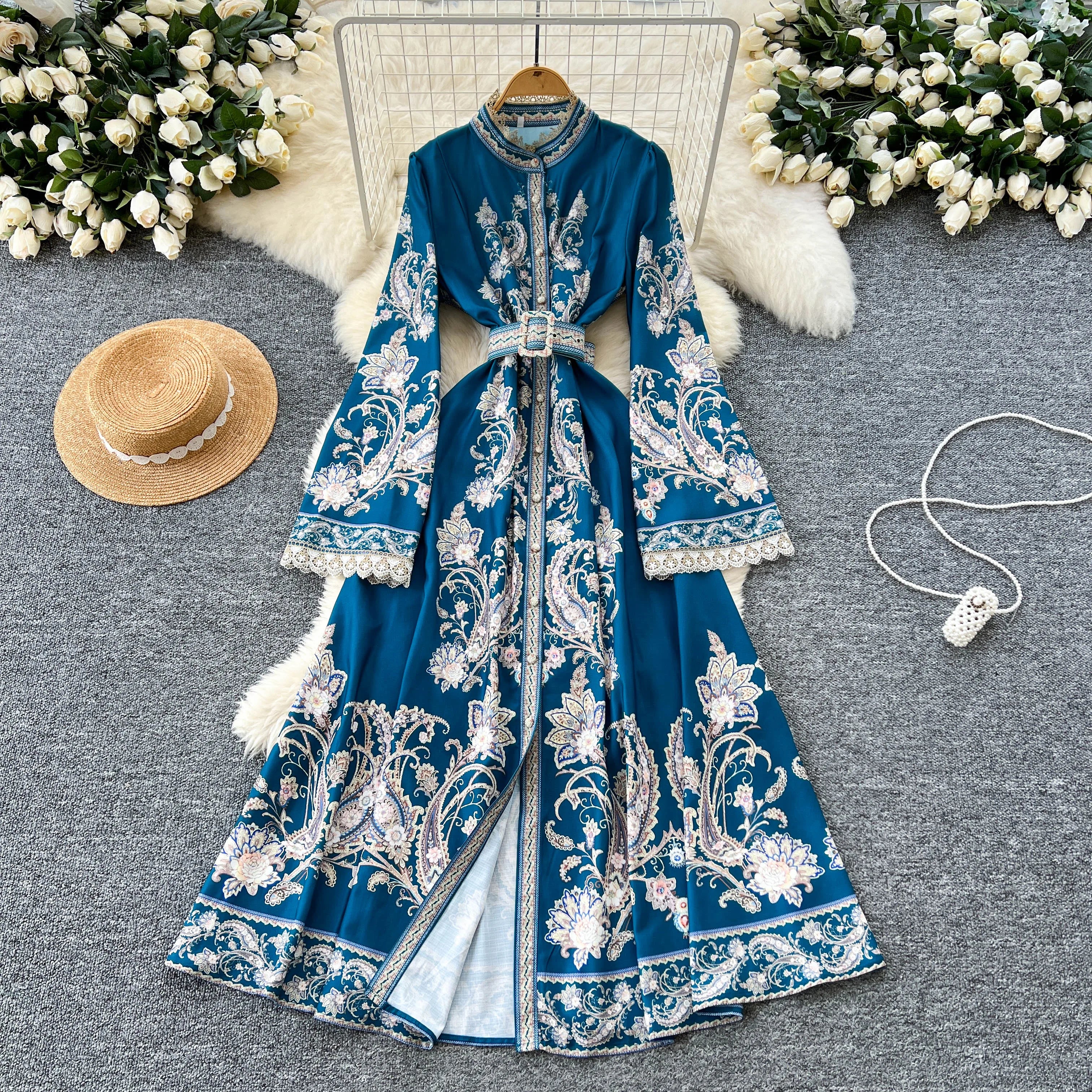 Spring Vintage Tunic Slim Casual Midi Dress For Women Flare Sleeve Empire Printed Lace Dress