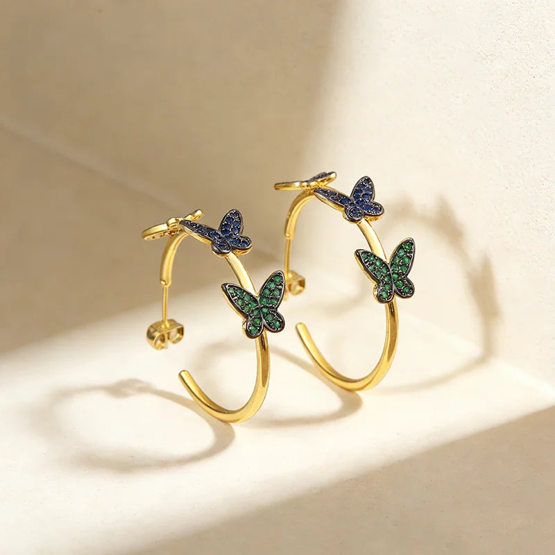 QIKU Wholesale Luxury Rainbow Crystal Butterfly Hoop Earrings Big Circle Charm Wedding Engagement Jewelry Accessories