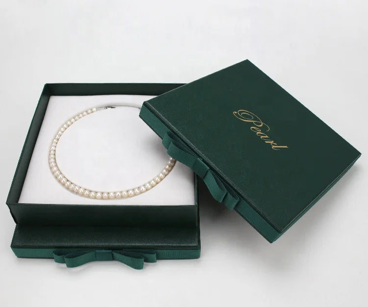Jewelry Box Paper Box Necklace Ring Earrings with Ribbon Can Print logo Green Box