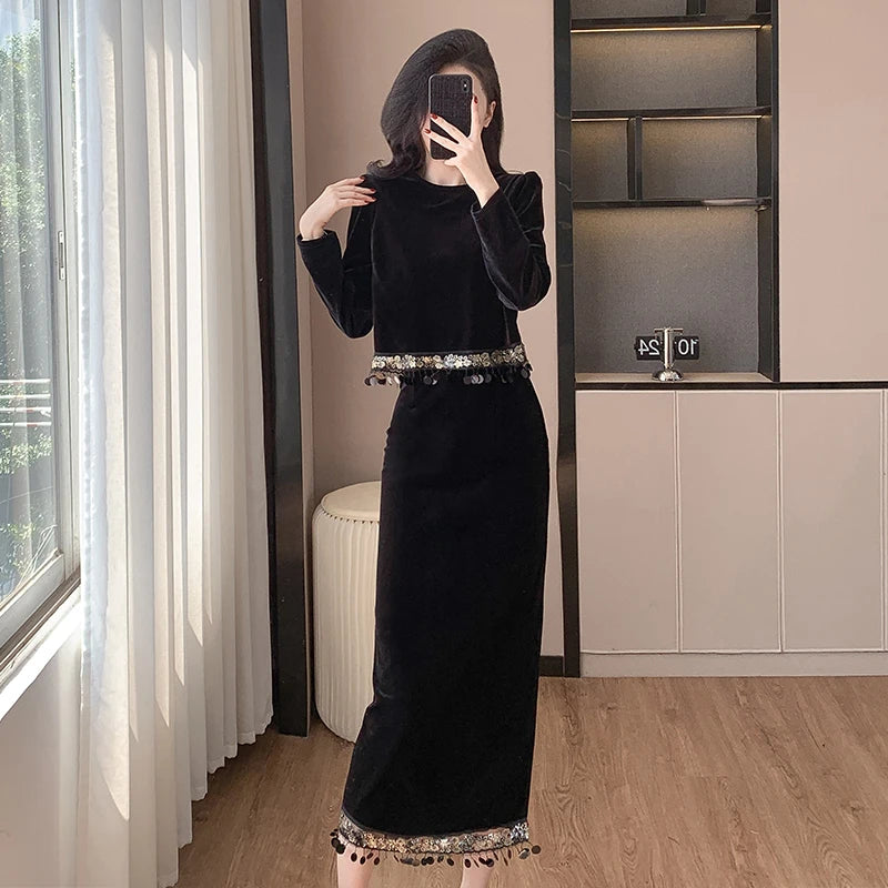 Roman 2 Piece Set for Women Top And Patchwork Velvet Dress Set Clothing Wholesale