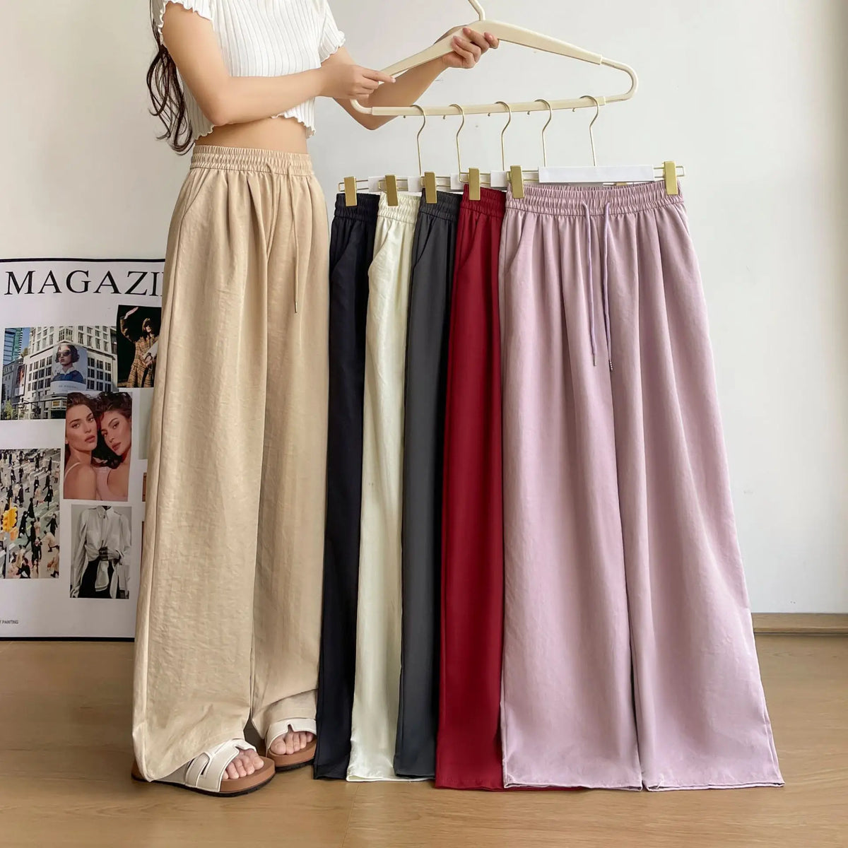 Bangladesh CN Factory Price 2026 Women High Waisted Wide Leg Pants Soft Silk Drawstring Loose Fit Trousers Straight Leg Pants MegaBDM
