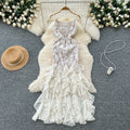 Spring Y2K Hip Midi Dress For Women Patchwork Hollow Out Backless Ruffled Lace Dress