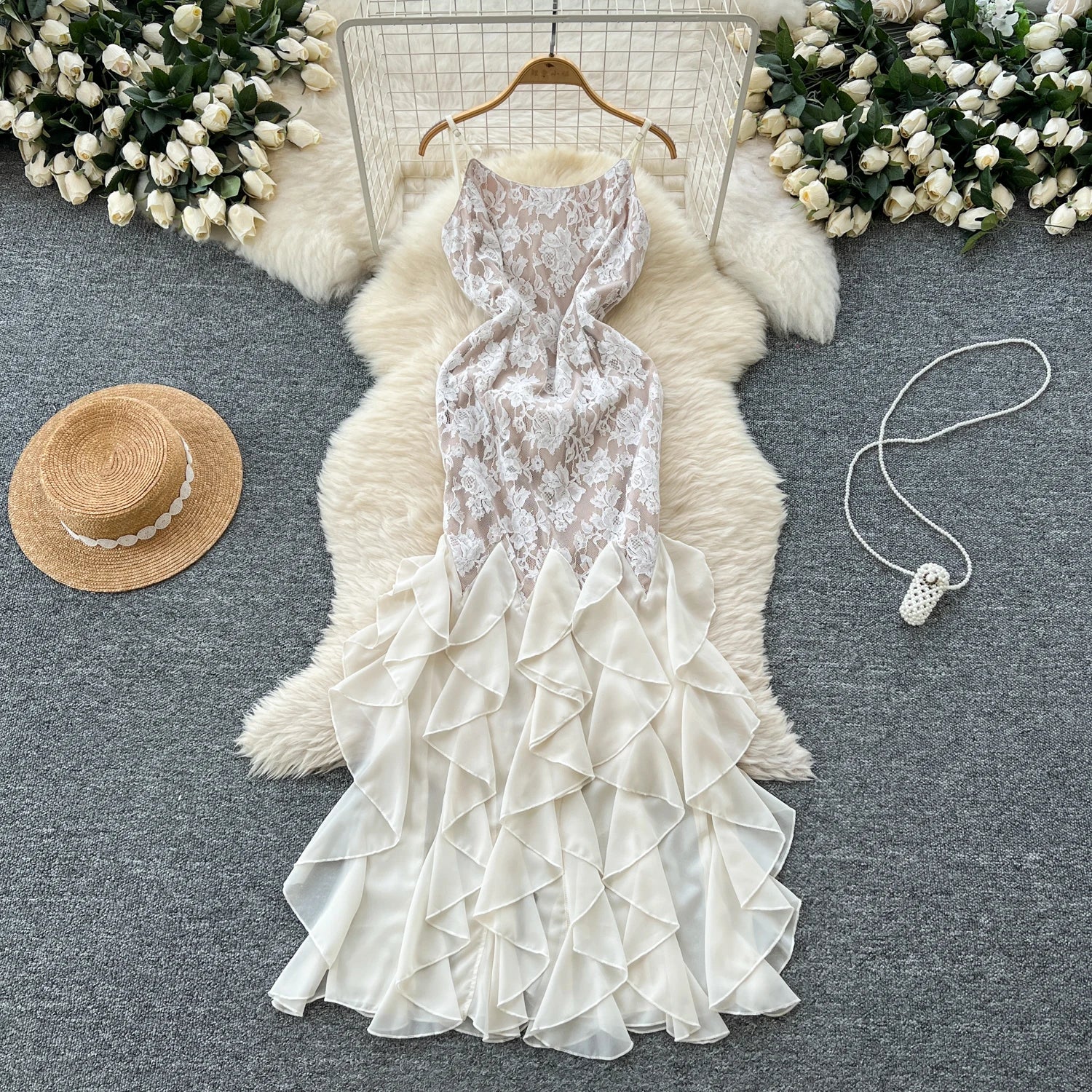 Spring Y2K Hip Midi Dress For Women Patchwork Hollow Out Backless Ruffled Lace Dress