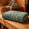 Sage Green Zero Twist Bath Towel Soft Cotton Three Stripe Design for Home Spa Hotel Gift Boutique Bathroom and Everyday Bath Use MegaBDM