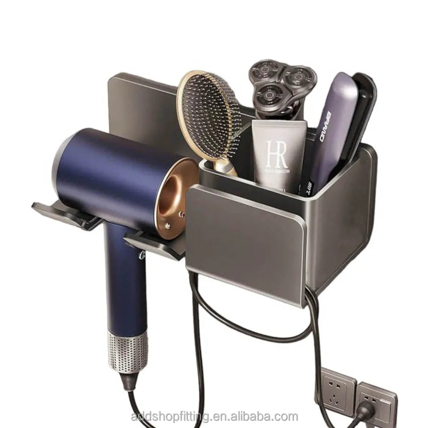 Modern Polished Bathroom Wall-Mounted Hairdryer Holder with Dual-Tier Shelf Rack Multi-functional Save Space