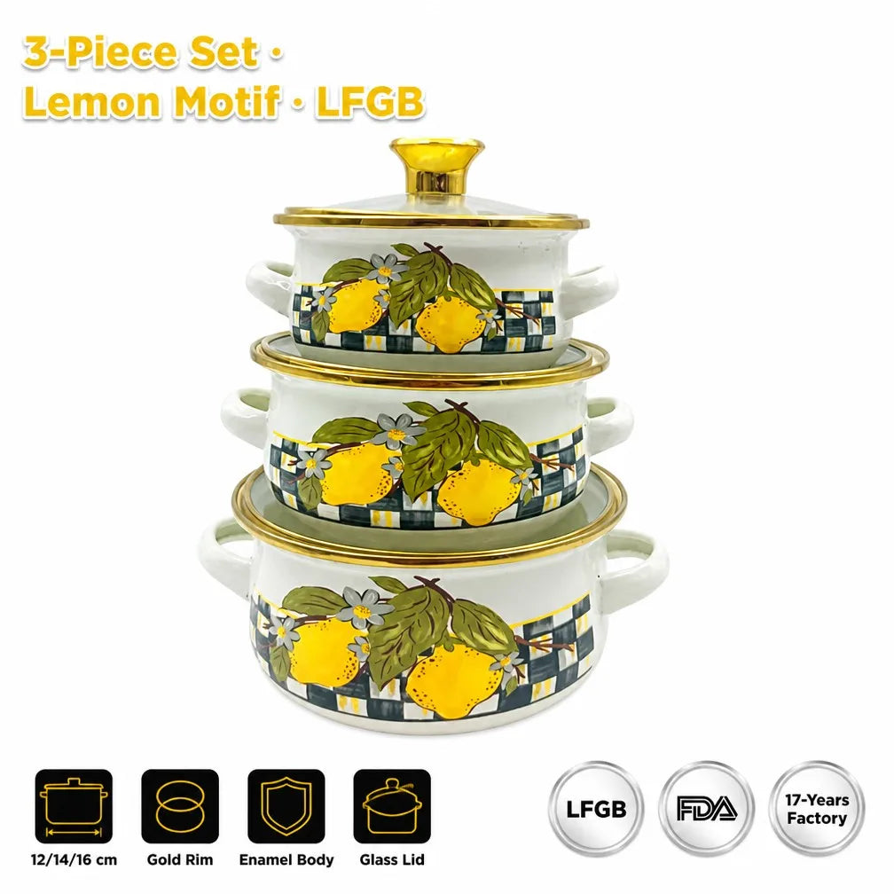 Senny 3Pcs Enamel Mini Pot Set 12 14 16cm Lemon Motif Gold Rim Nesting Casserole Set Wholesale Factory for Kitchen MegaBDM