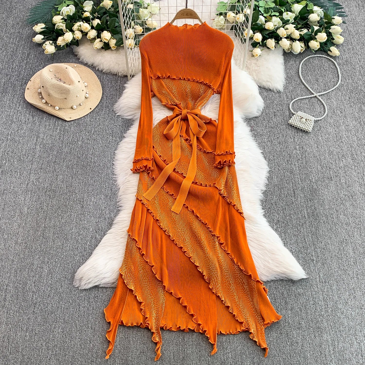 Summer Vintage Tunic Pleated Midi Dress for Women Empire Lace Vestidos