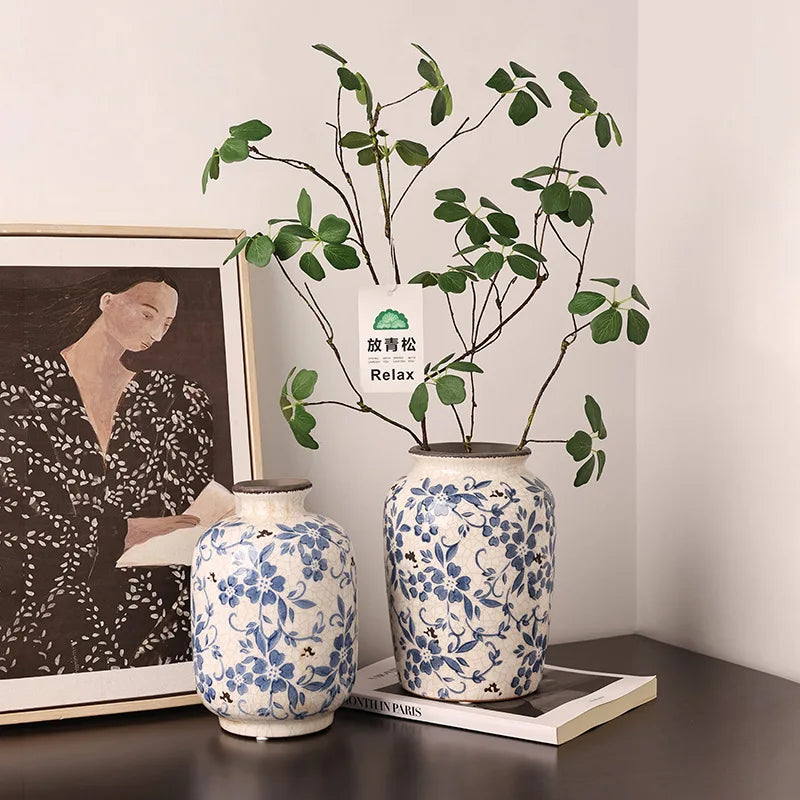 Chinese Style Crackle Glaze Blue and White Ceramic Vase Decorative Home Flower Vase