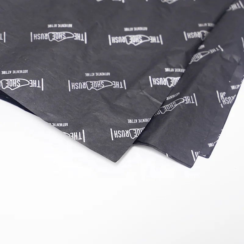 17Gsm or 30Gsm Tissue Paper Custom Clothing Packaging  Black Wrapping Tissue Paper With White Logo and Stickers