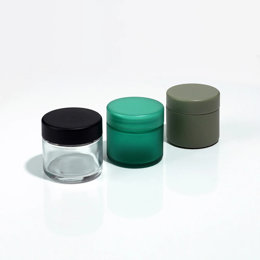 Custom Premium Semi-Transparent Colored Smell Proof Glass Jar Child Resistant Plastic/Aluminum Lids Food Grade Safe Stylish