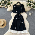 Summer Roman Bow Collar Tunic Slim Knit Midi Dress For Women Empire Contrast Color Lace Dress