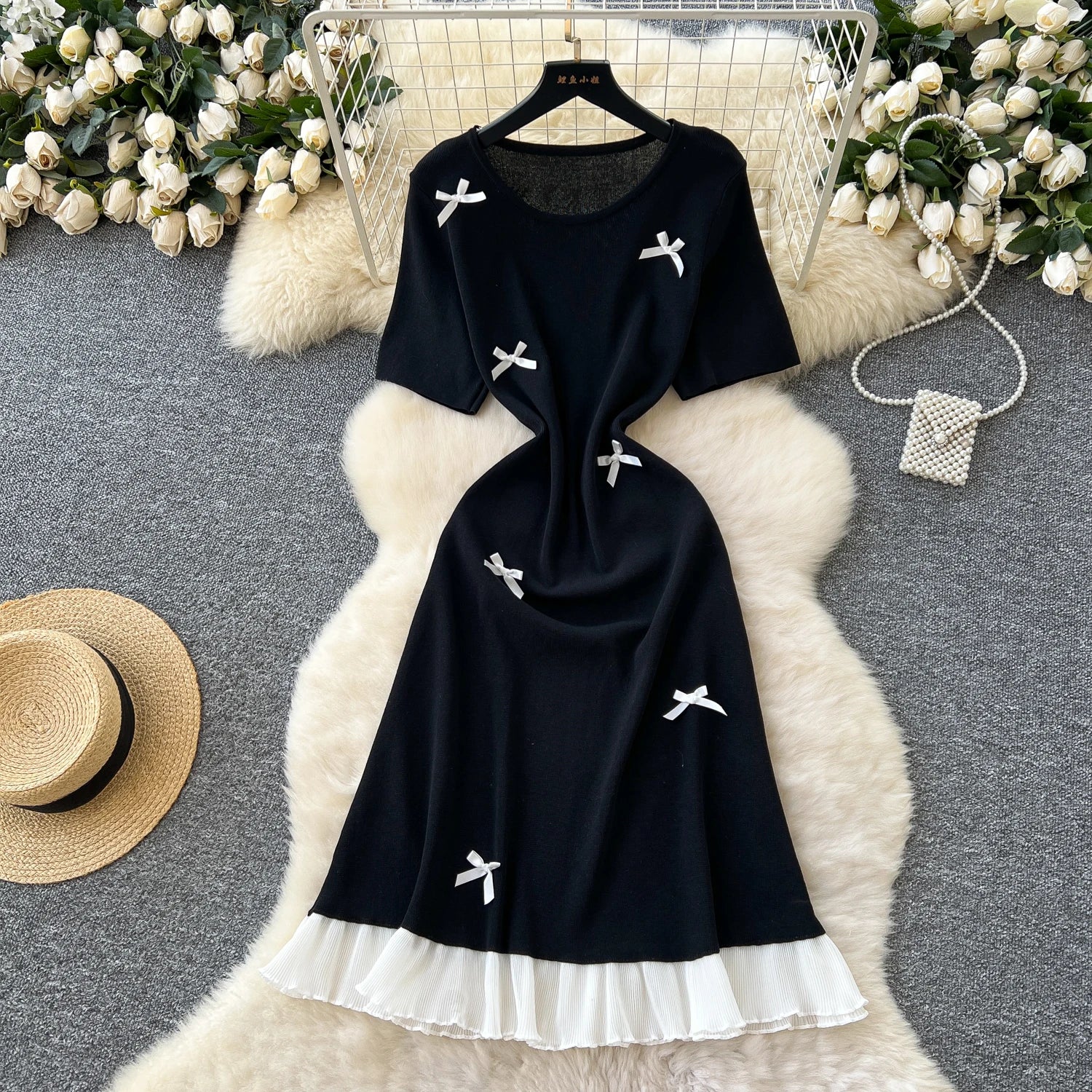 Summer Roman Bow Collar Tunic Slim Knit Midi Dress For Women Empire Contrast Color Lace Dress