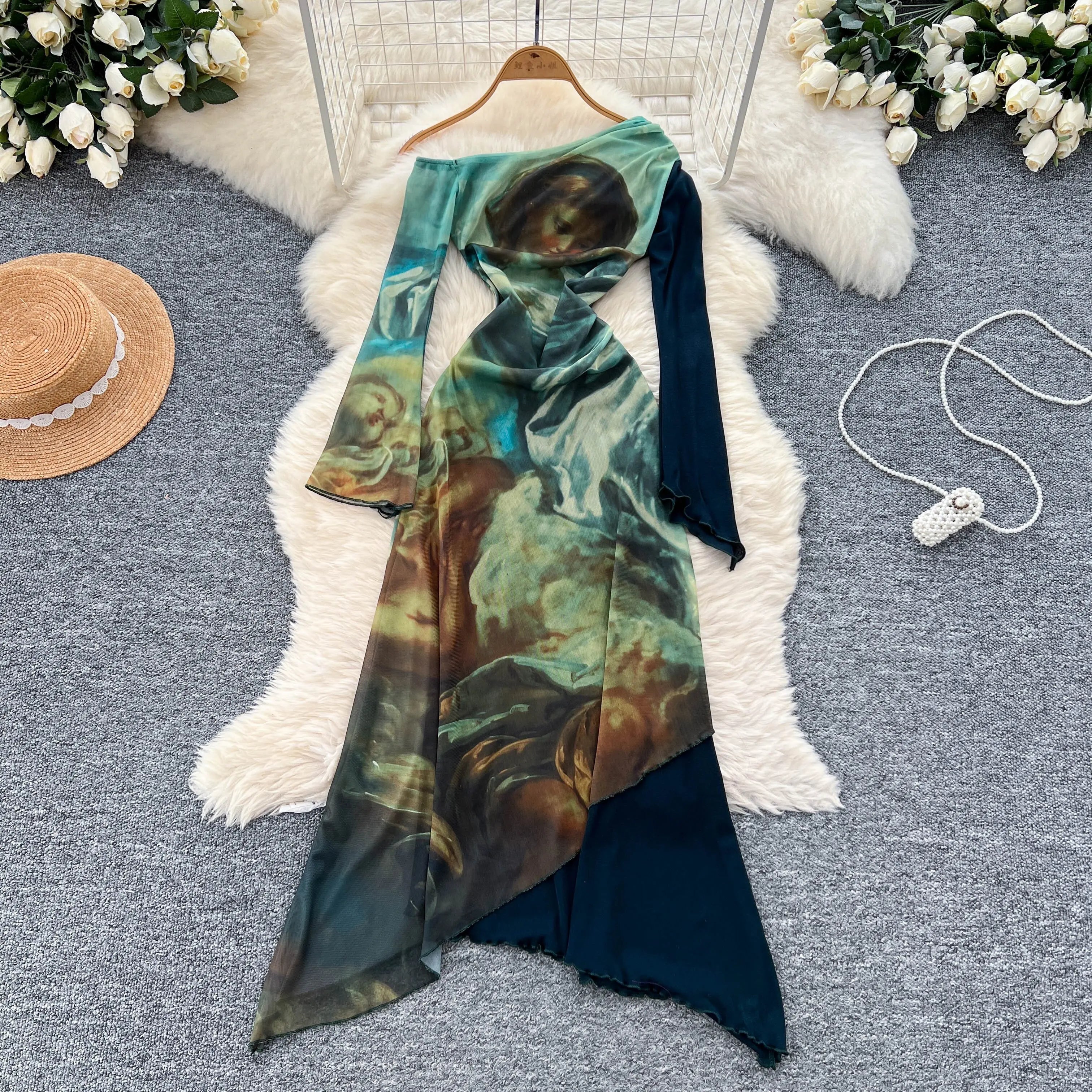 Spring One Shoulder Asymmetric Tunic Casual Midi Dress For Women Empire Printed Mesh Dress