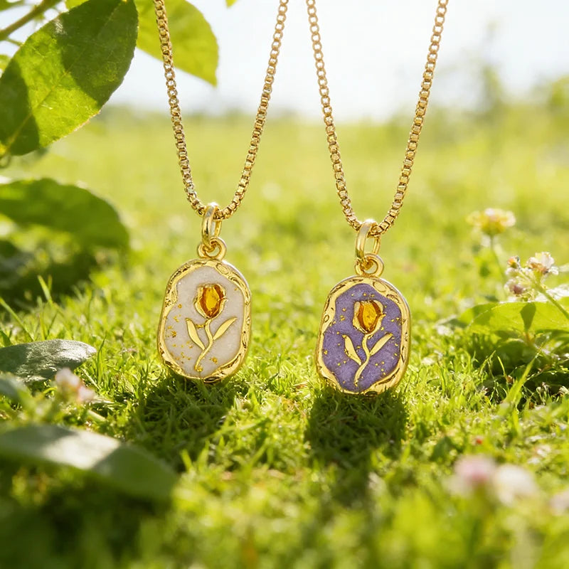 QIKU 18K Gold Plated Copper Enamel Flower Link Chain Pendant Necklace for Children's & Women's Best Friend Daughter Mom Gift