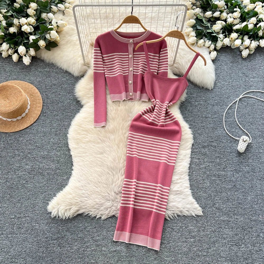 Fall Women's Casual Sets Tunic Top And Floral Printed Knitted Dress Set Ropa Wholesale
