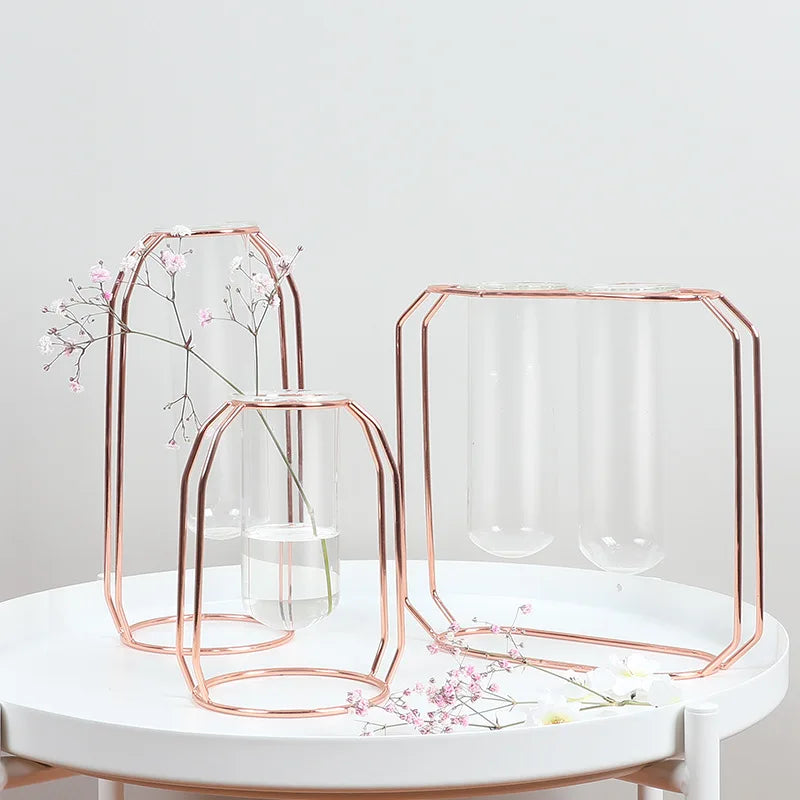 Luxury Gold Double Test Tube Vase Stand  Geometric Metal Frame Holder for Home Office & Decorative Flower Display