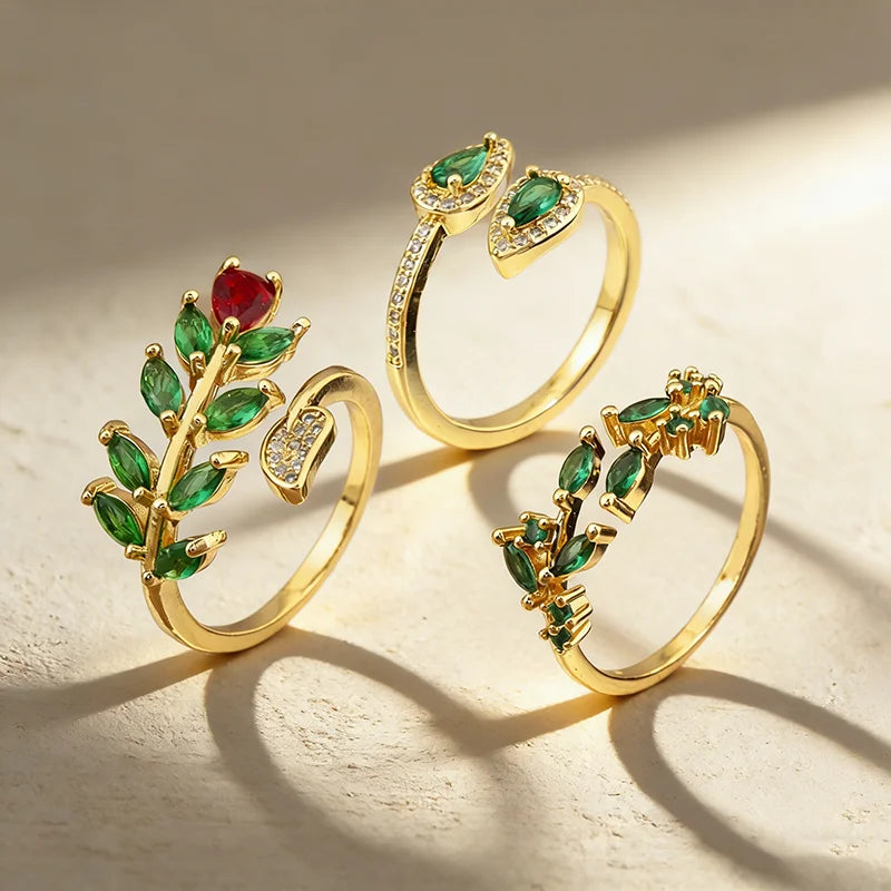 QIKU Gemstone Rings Crystal Rhinestone Copper 18K Gold Plated Adjustable Elegant Women's Fashion Jewelry Gift