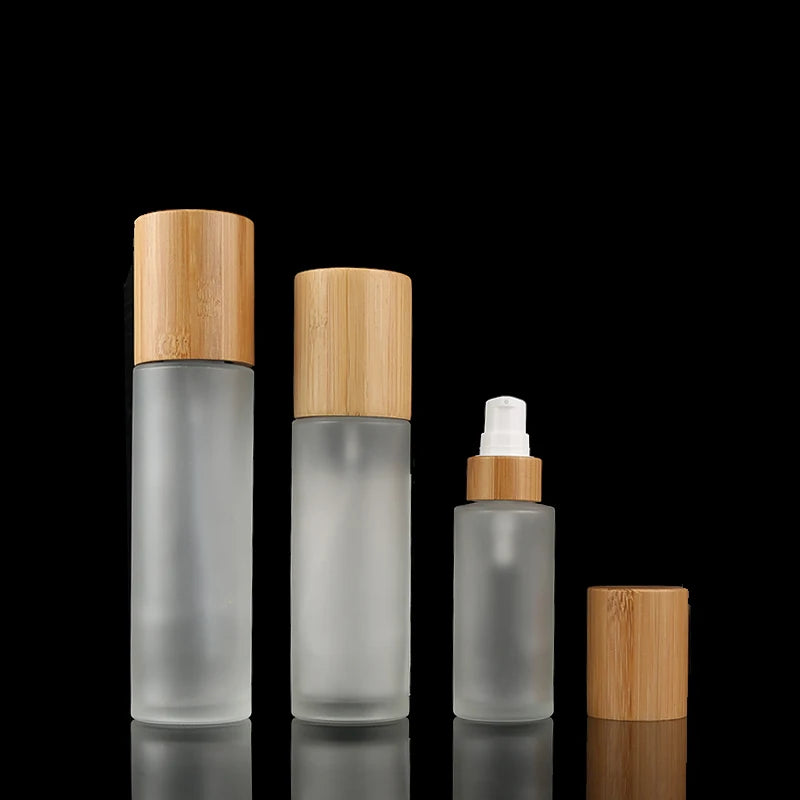 150ml Frosted Clear Glass Lotion Bottle Eco-Friendly Bamboo Pump Dropper Round Empty Cosmetic Packaging Jars for Facial Cleanser