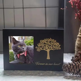Wooden Pet Memorial Funeral Urn Solid Wood Tree Life Design Dog Cat Memorial Keepsake Urn with Photo Frame