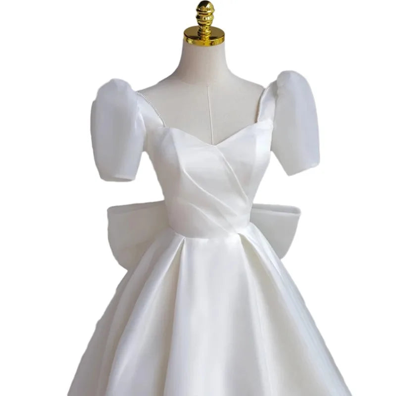 Luxury Ivory Womens Formal Evening Dress Sweetheart Neck Puff Sleeve Satin a Line Ball Gown for Wedding Party Prom MegaBDM