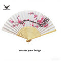 Japanese White Satin Floral Design Hand Fan Bamboo Frame Folk Art Carved Wedding Souvenirs