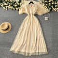 2025 Spring Roman V-Neck Tunic Slim Casual Midi Dress For Women Empire Mesh Dress