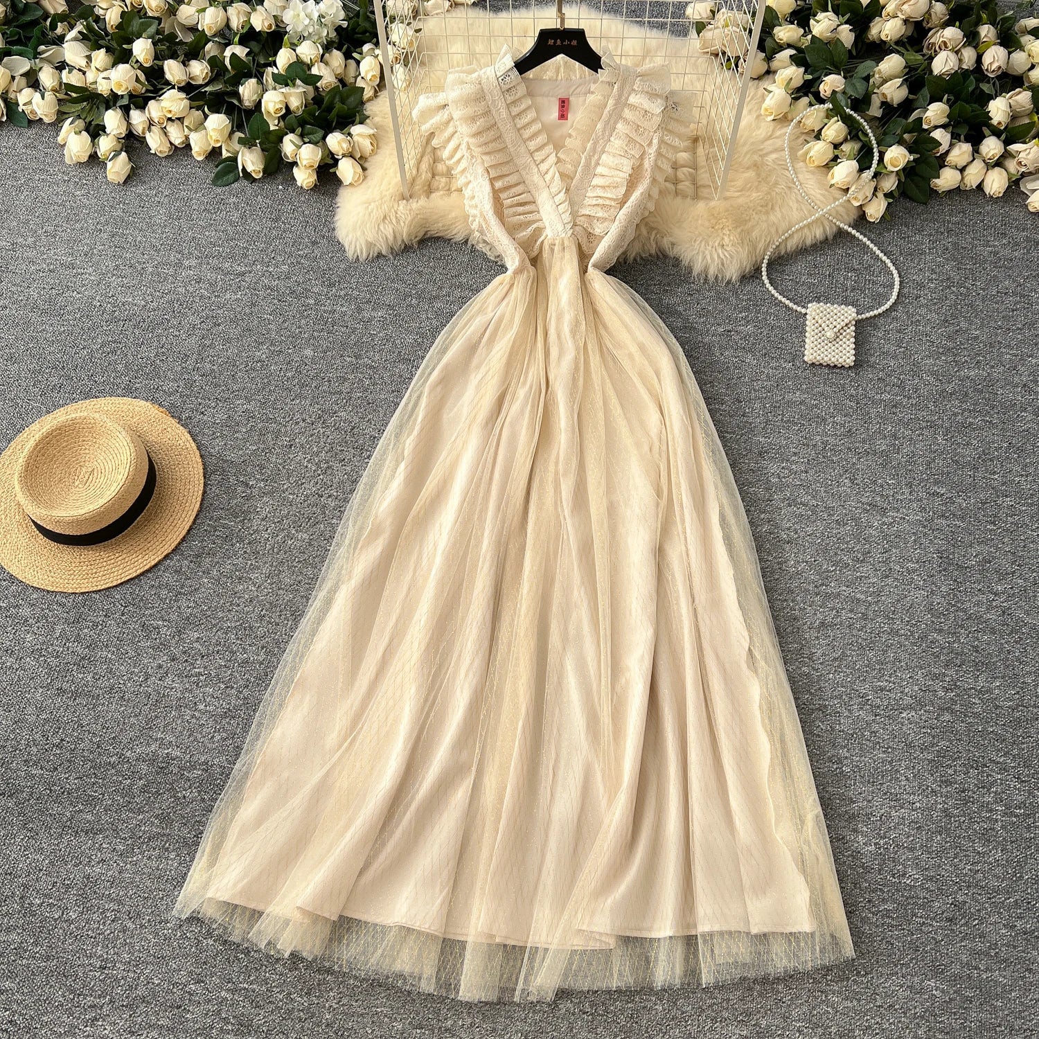 2025 Spring Roman V-Neck Tunic Slim Casual Midi Dress For Women Empire Mesh Dress