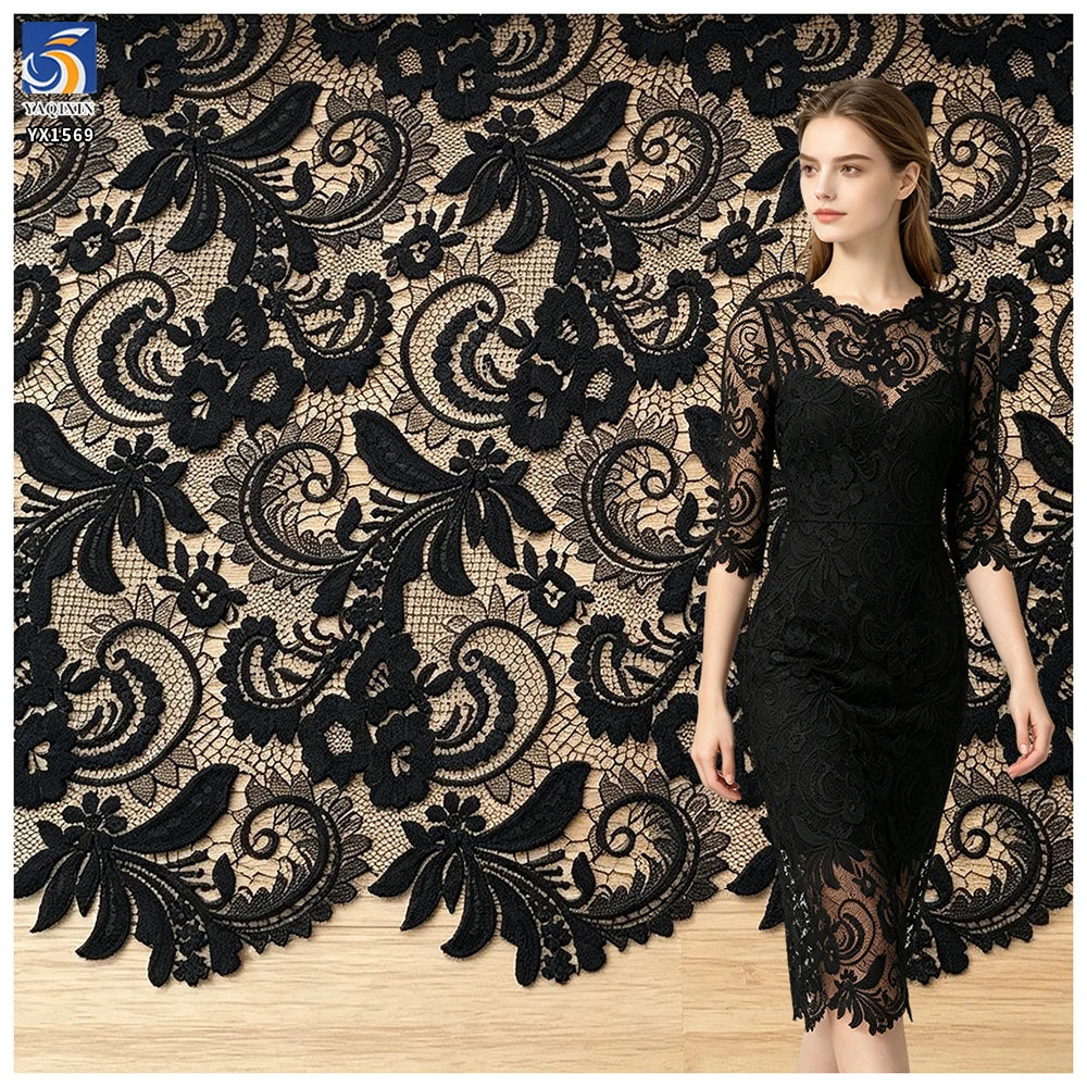 YX1569 Custom Black Floral Water Soluble Lace Fabric for Dresses Garments and Fashion Design MegaBDM