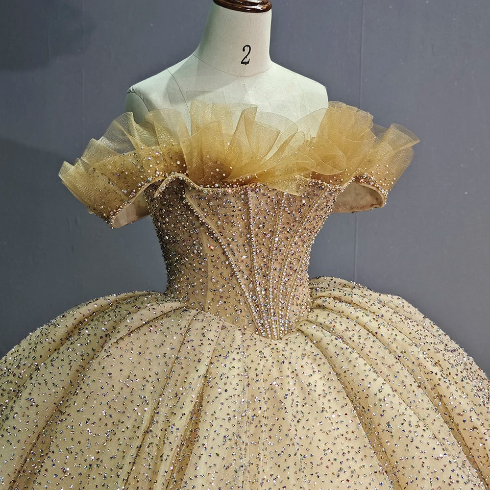 Jancember 1243 Luxury Off Shoulder Ruched Empire Golden Quinceanera Women's Dresses