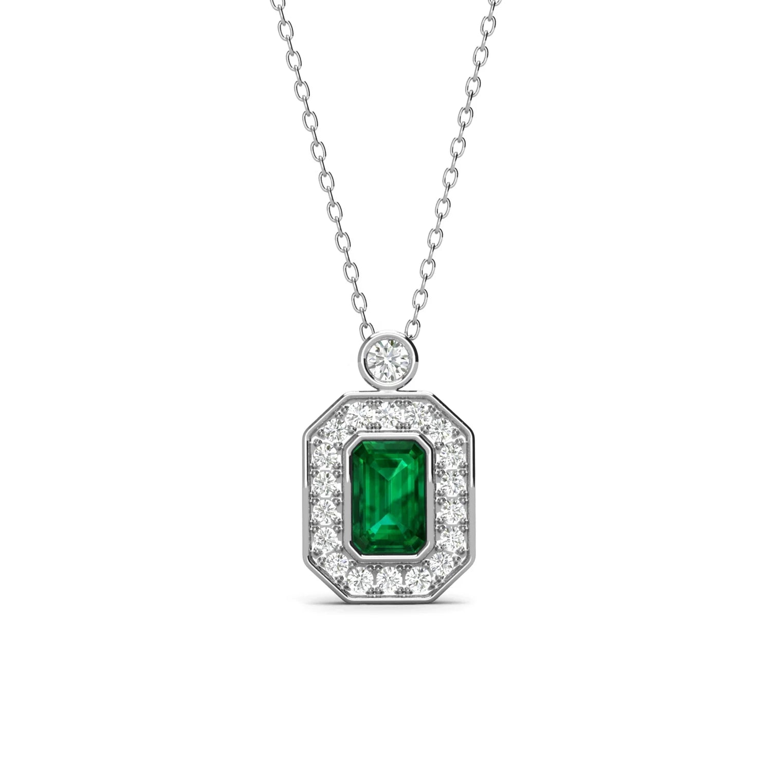 925 Sterling Silver Lab Grown Gemstone Vivid Green Emerald Halo Pendant Geometric Necklace Jewelry for Women Destiny Jewellery
