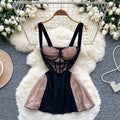 Summer Y2K Tunic Slim Casual Mini Dress for Women Empire Patchwork Contrast Color Mesh Dress
