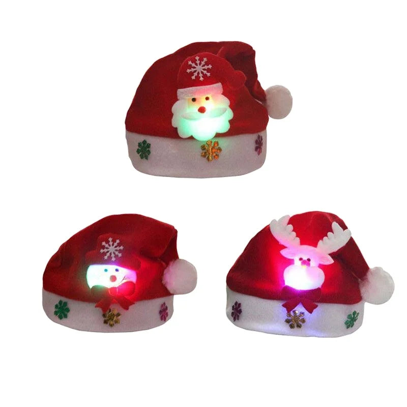 Christmas Hat for Kid Santa Snowman Reindeer Flannel Hat With Light up Santa Xma Light Hat Articulo Gorro De Navidad Holidai