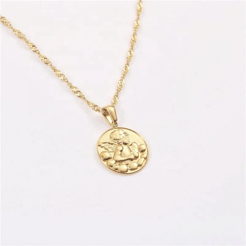 Women Jewelry 18k Gold Plated Baroque Angel Relief Pendant Sweater Necklace Stainless Steel Jewelry Wholesale