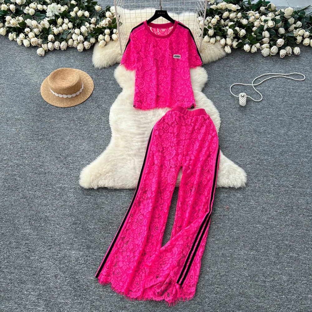 Summer Casual 2 Piece Set for Women Top And High Waist Slim Lace Set American Clothing Wholesale