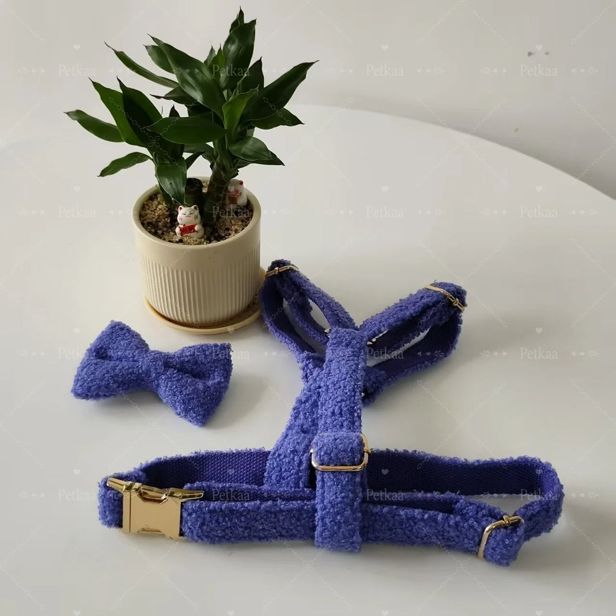 2025 New Dark Blue Teddy Fleece Pet Harness Set Dog Collar and Leash Adjustable Comfortable Luxury Soft Puppy Walking Harness MegaBDM