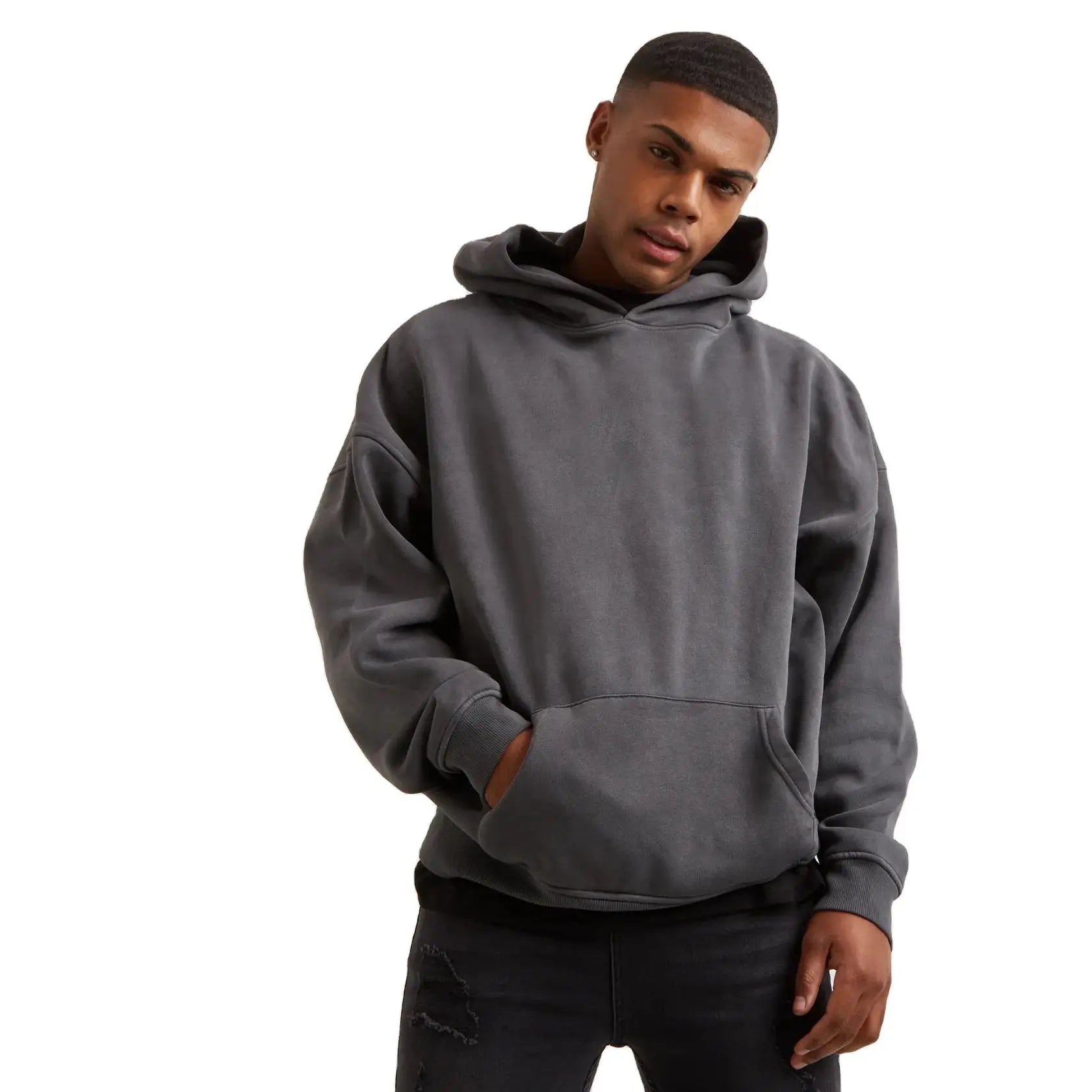 Wholesale Winter Plain Men Streetwear Sweatshirts Hoodies Custom Front Logo Heavyweight Cotton Fleece Breathable 400g Hoodies