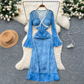 Summer Roman V-Neck Tunic Slim Casual Maxi Dress for Women Flare Sleeve Empire Printed Beaded Mesh Dress