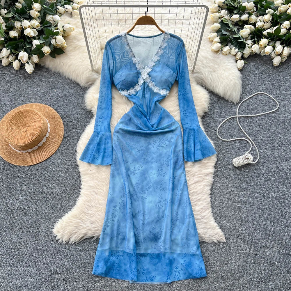 Summer Roman V-Neck Tunic Slim Casual Maxi Dress for Women Flare Sleeve Empire Printed Beaded Mesh Dress