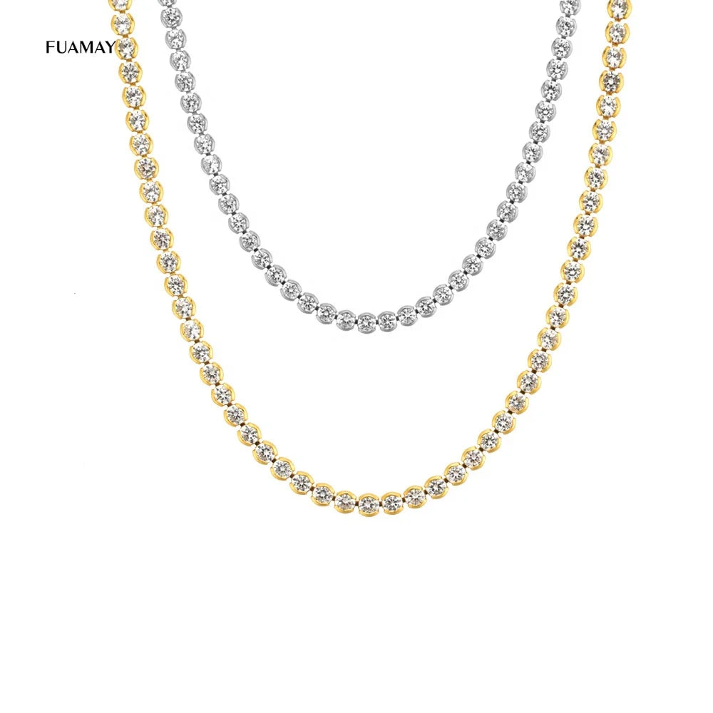 FUAMAY Gold Plated round Diamond Link Chain Necklace Bezel for Women and Girls for Wedding or Gift