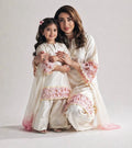 Traditional Cream Silk Salwar Suit Set with Pink Lace Embroidery for Women and Children Wedding Wear India Pakistan Style MegaBDM