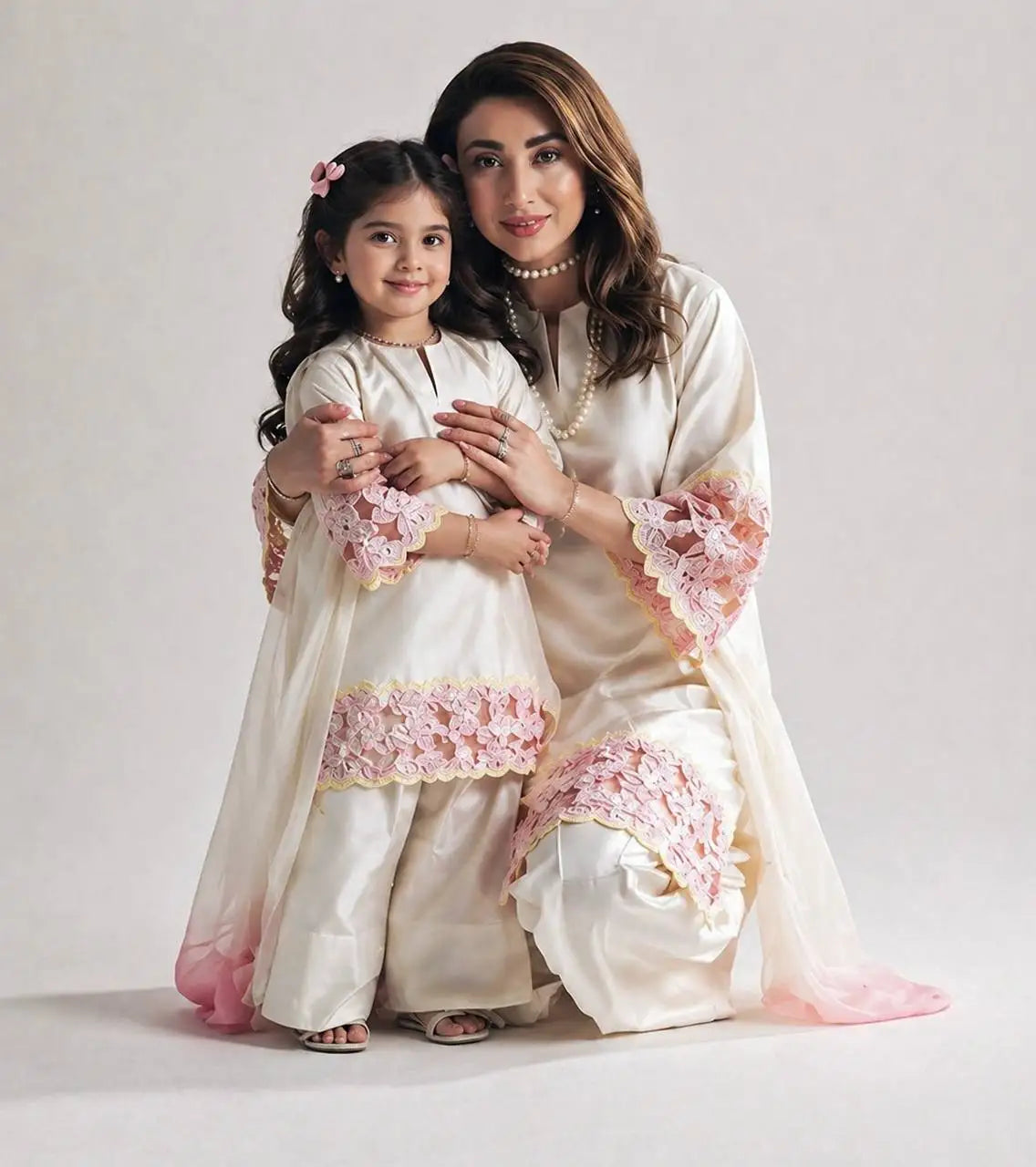 Traditional Cream Silk Salwar Suit Set with Pink Lace Embroidery for Women and Children Wedding Wear India Pakistan Style MegaBDM